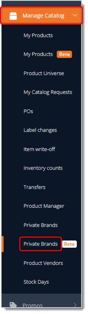Image showing the Manage Catalog area of the main eTailPet system menu with the Private Brands link highlighted.