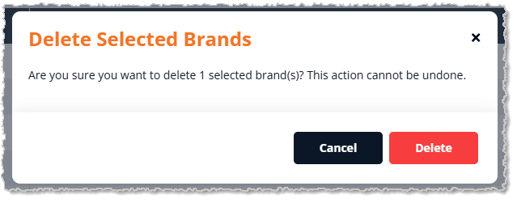 Image showing the brand deletion confirmation window on the Private Brands page of the eTailPet system.