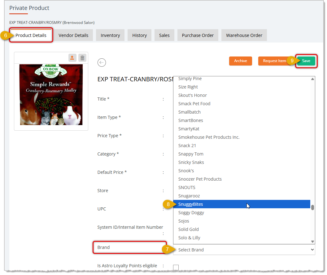 Image with steps showing how to add a brand to a private product in the eTailPet system.