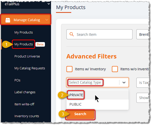 Image showing steps for loading the Private Products Catalog on the My Products page of the eTailPet system.