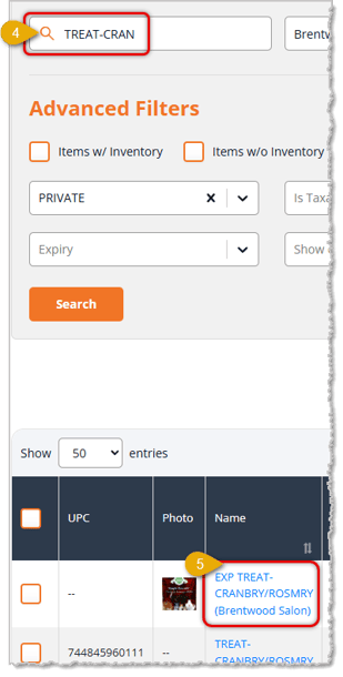 Image with steps showing how to find and open details for a private product in the eTailPet system.