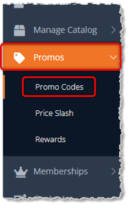 Image showing the Promos area of the main eTailPet menu with the Promo Codes area highlighted.