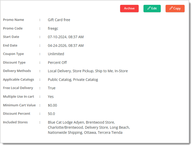 Image showing the Promo Code Details page in the eTailPet system.
