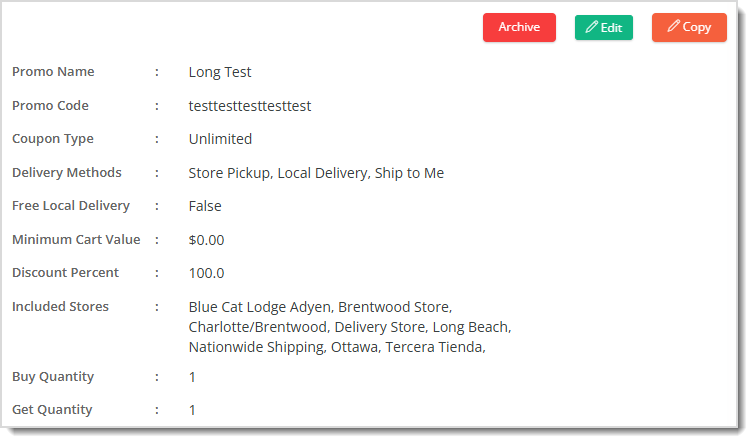 Image showing the Promo Code Details page in the eTailPet system.