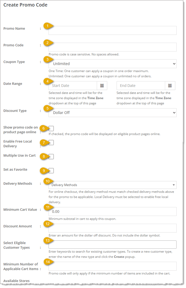 Image showing the upper area of the Create Dollar / Percentage Promo Code page in the eTailPet system.
