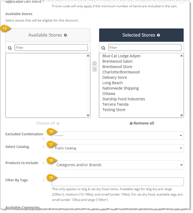 Image showing the middle area of the Create Dollar / Percentage Promo Code page in the eTailPet system.