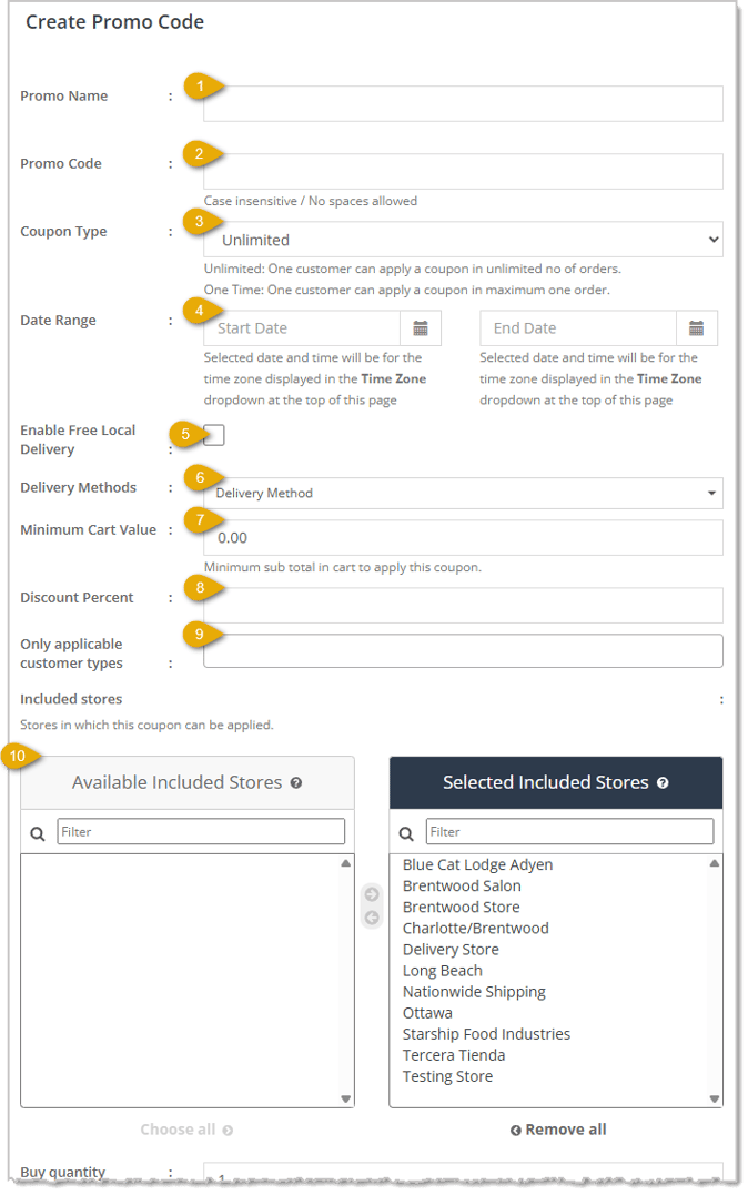 Image showing the upper area of the Create Buy / Get Promo Code page in the eTailPet system.