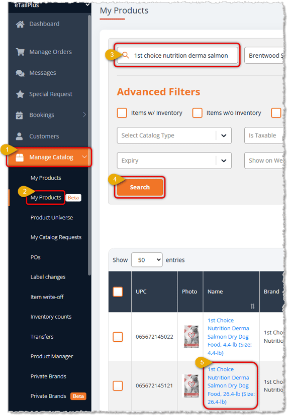Image showing the steps to get to a Product Details page in My Products in the eTailPet system.