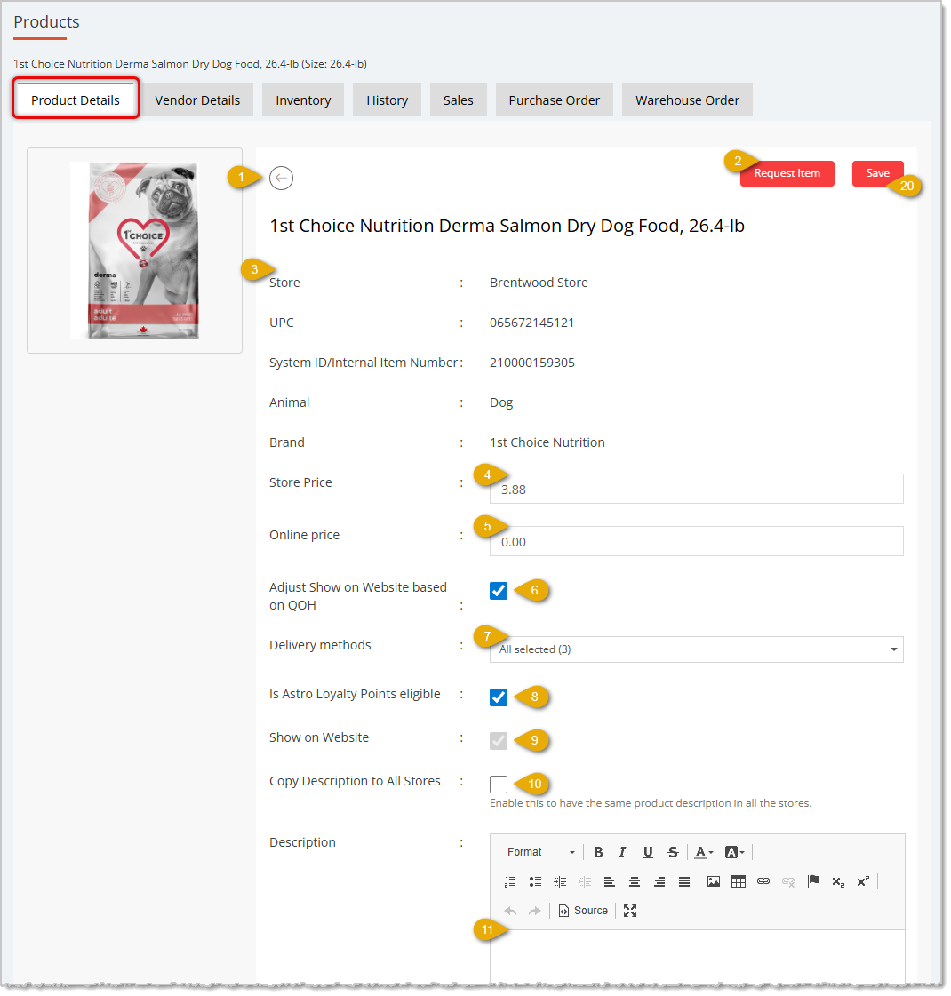 Image showing the Product Details tab of a product in the eTailPet system.