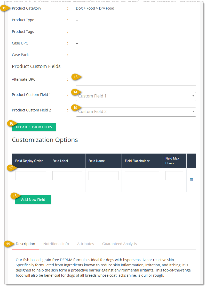 Image showing the lower part of the Product Details tab of the Product page in the eTailPet system.
