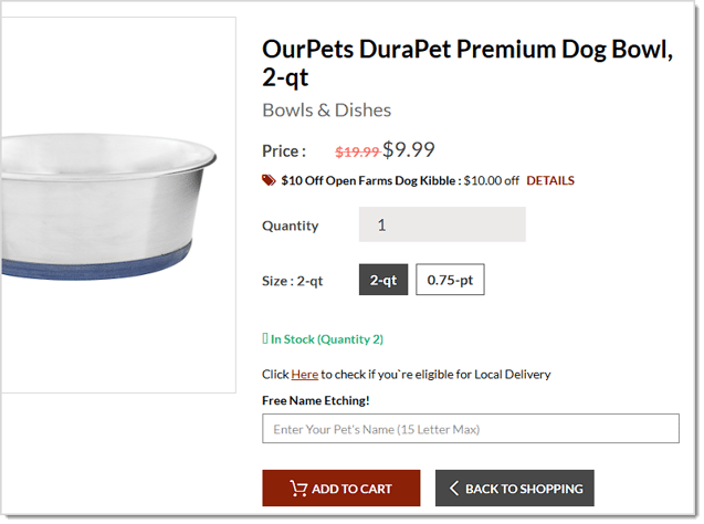 Image showing how a customized product field displays for a product on the website in the eTailPet system.