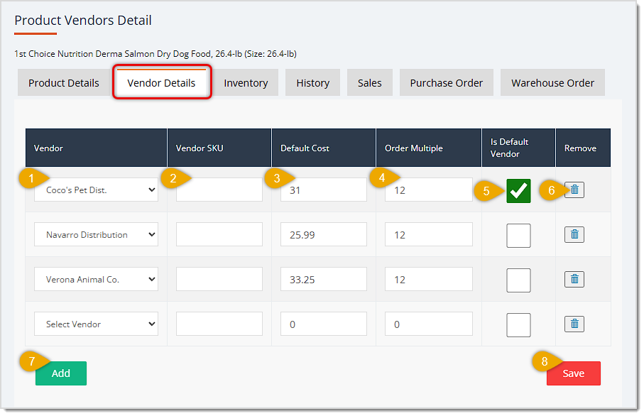 Image showing the Vendor Details tab of a product in the eTailPet system.