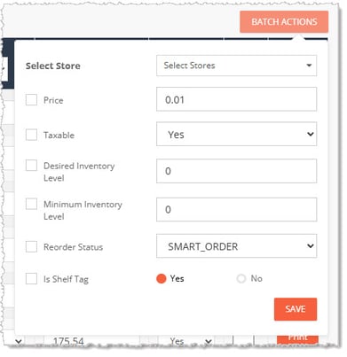 Image showing the Batch Actions drop-list on the Inventory tab of a product in the eTailPet system.