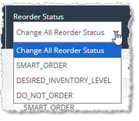 Image showing the change all reorder status drop-list in the Inventory tab of a product in the eTailPet system.