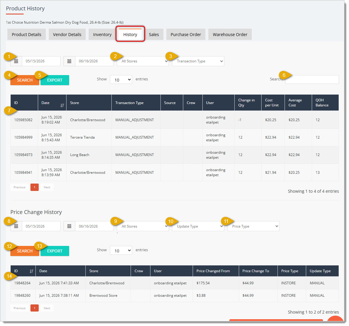 Image showing the History tab of a product in the eTailPet system.