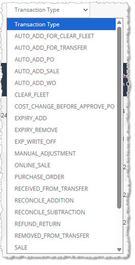 Image showing the Transaction Types in the Product History area of the History tab of a product in the eTailPet system.