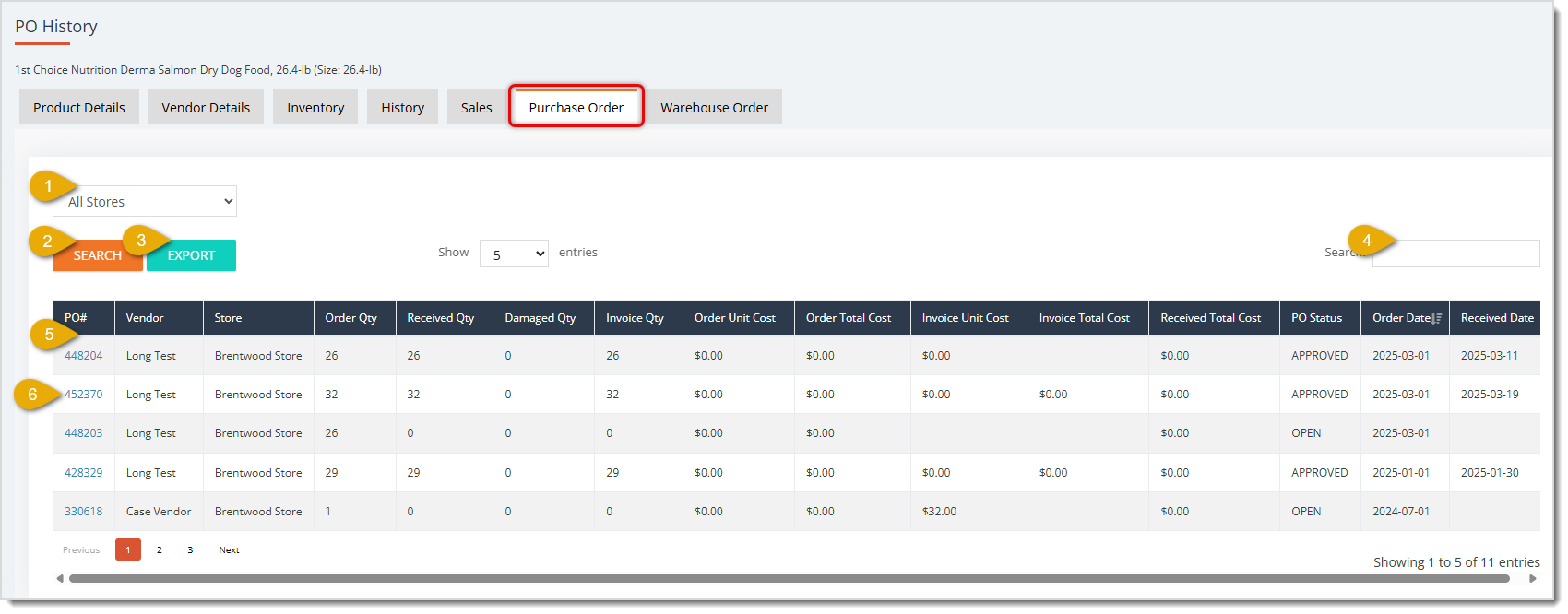 Image showing the Purchase Order tab of a product in the eTailPet system.