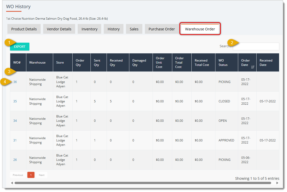 Image showing the Warehouse Order tab of a product in the eTailPet system.