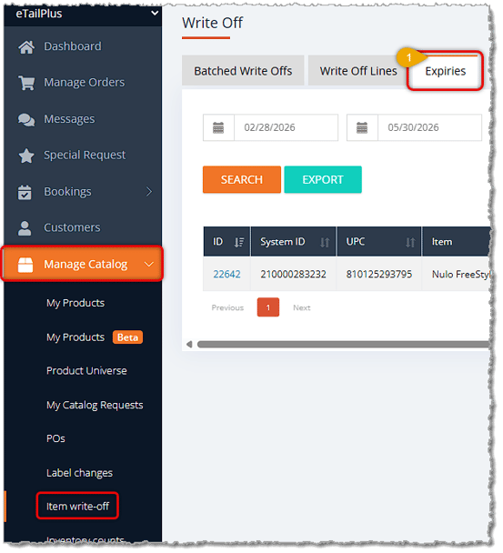 Image showing how to get to the Expiry area of Item Write-Offs in the Manage Catalog menu of the eTailPet system.