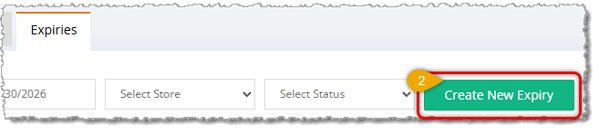 Image showing Create New Expiry button on the Expiry tab of Item Write-Offs in the Manage Catalog menu of the eTailPet system.