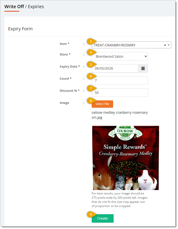The Expiry Form page of the eTailPet system with key features highlighted.