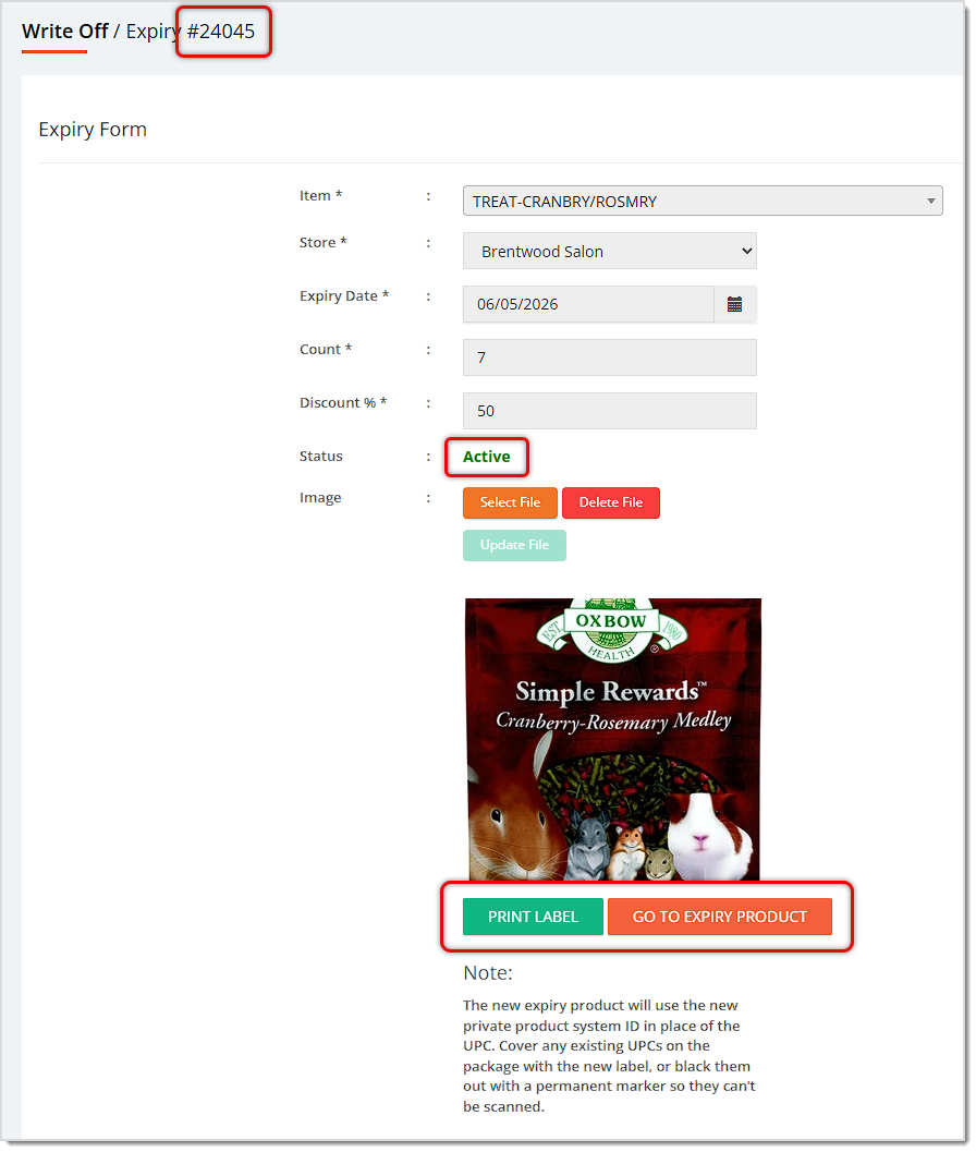 Image showing a newly created Expiry product with several features highlighted.