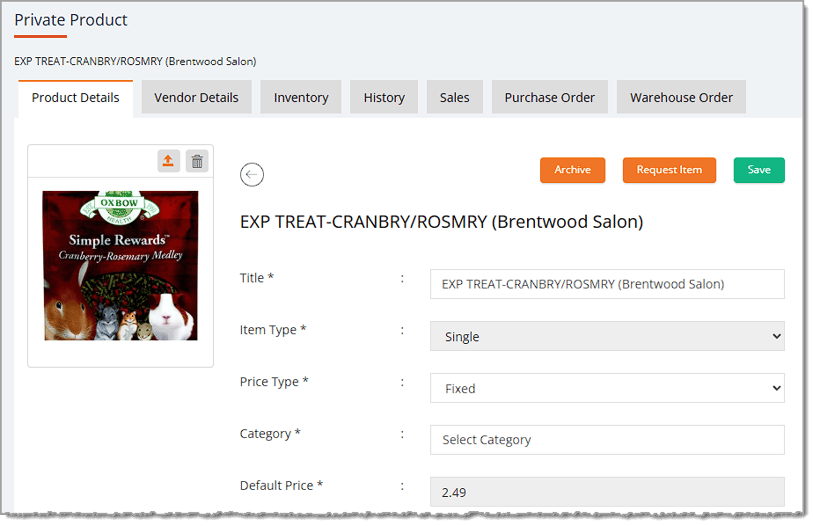 Image of an Expiry product's details page in the eTailPet system.
