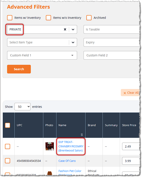 Image showing an Expiry product in the Private product catalog on the My Products page of the eTailPet system.