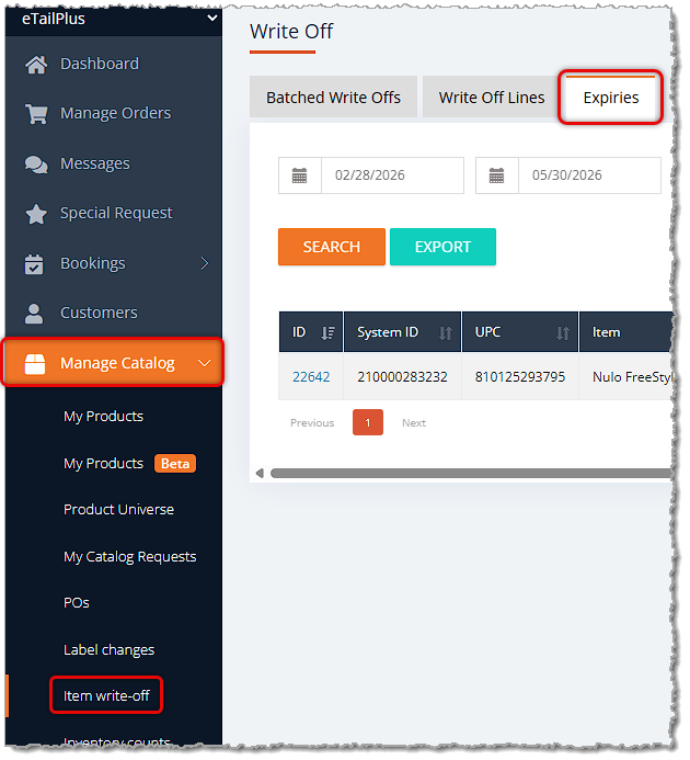 Image showing how to get to the Expiry area of Item Write-Offs in the Manage Catalog menu of the eTailPet system.