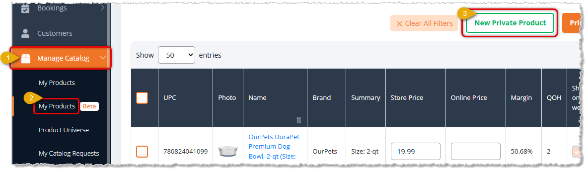 Image showing the steps to get to a New Private Product page in My Products in the eTailPet system.