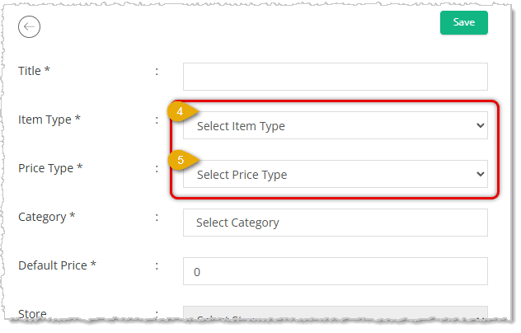Image showing the Item Type and Price Type fields of the New Private Product page in the eTailPet system.