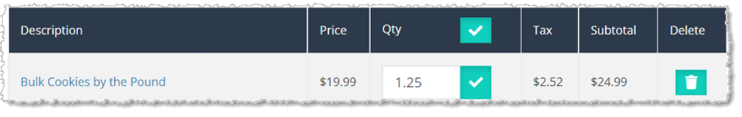 Image showing a Fractional item sold by weight in the New Sale shopping cart of the eTailPet system.