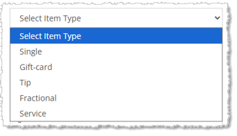 Image showing the Select Item Type drop-list in the New Private Product page Product Details tab in the eTailPet system.