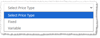 Image showing the Select Price Type drop-list in the New Private Product page Product Details tab in the eTailPet system.