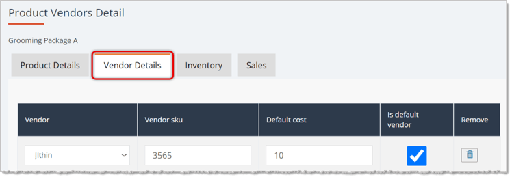 Image showing the Vendor Details tab of a Service product in the eTailPet system.