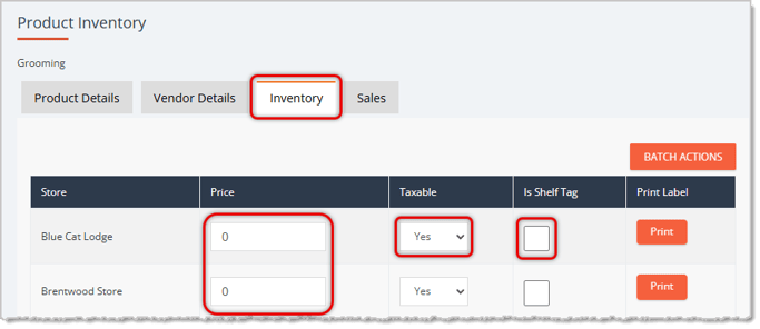 Image showing the Inventory tab of a Service product in the eTailPet system.