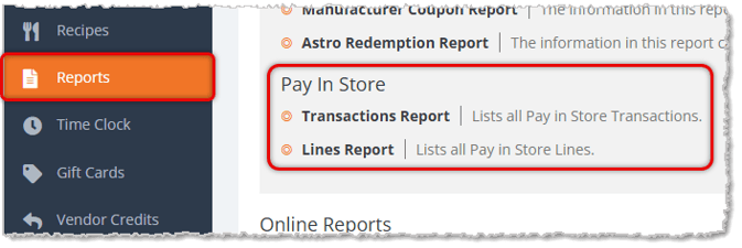 Image showing the Pay In Store Reports section of the Reports page of the eTailPet system with the section reports highlighted.