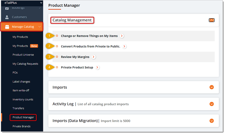 Image showing the Product Manager page Catalog Management area of the eTailPet system with key features highlighted 
