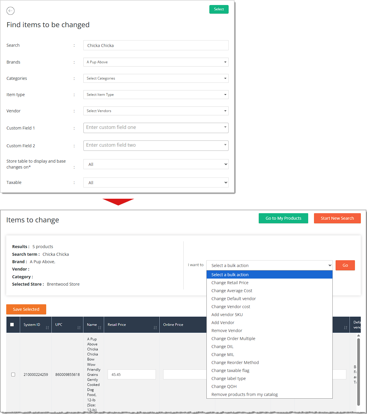 Image showing the path to doing batch edits or removal of products from the Product Manager page in the eTailPet system.