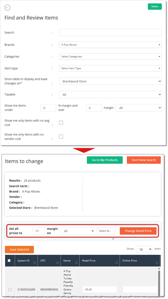Image showing the Review Margins process in the Product Manager of the eTailPet system.
