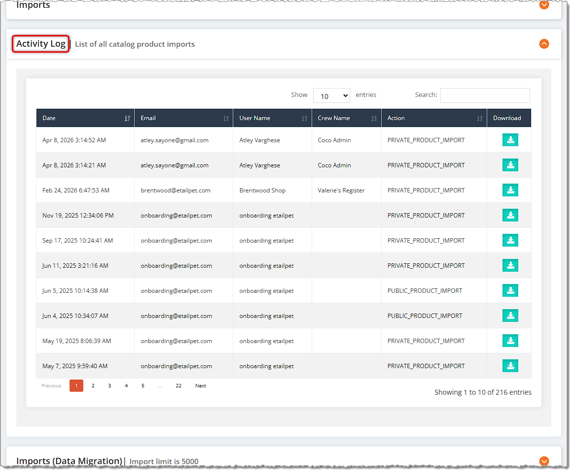 Image showing the Activity Log area of the Product Manager page in the eTailPet system.