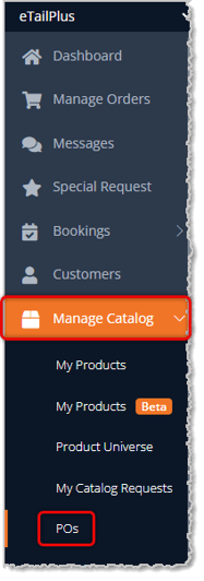 Image highlighting the Purchase Orders button in the eTailPet system's main menu.