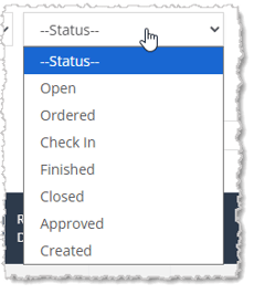 Image showing the Purchase Orders page Status filter in the eTailPet system.