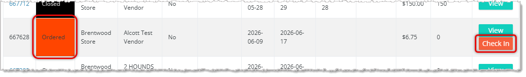 Image showing a purchase order in the Ordered status with the Check In button visible on the Purchase Orders page of the eTailPet system.