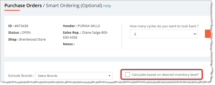 Image showing how to populate a purchase order using desired inventory level in the eTailPet system.