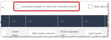 Image showing the checkbox to populate a purchase order using desired inventory levels and quantities on hand for the vendor items in the eTailPet system.