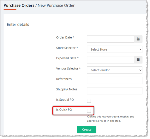 Image showing the checkbox to set a new Purchase Order to be a Quick PO in the eTailPet system.