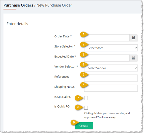 Image showing the options when creating a new purchase order in the eTailPet system.
