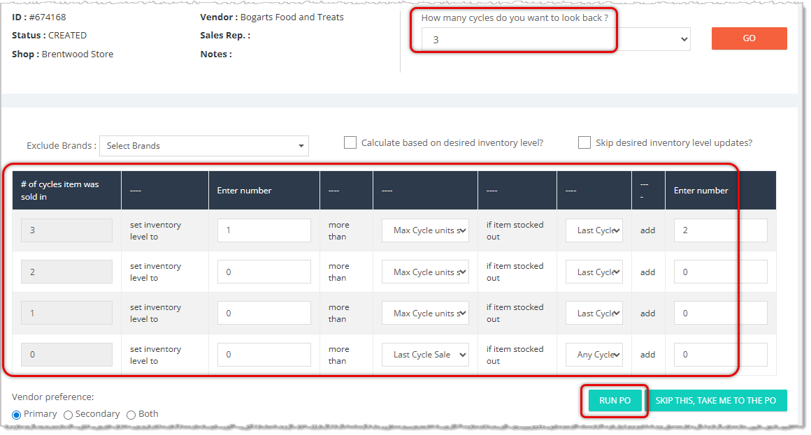 Image showing the areas of the Purchase Order page you need to configure for a Smart Order in the eTailPet system.