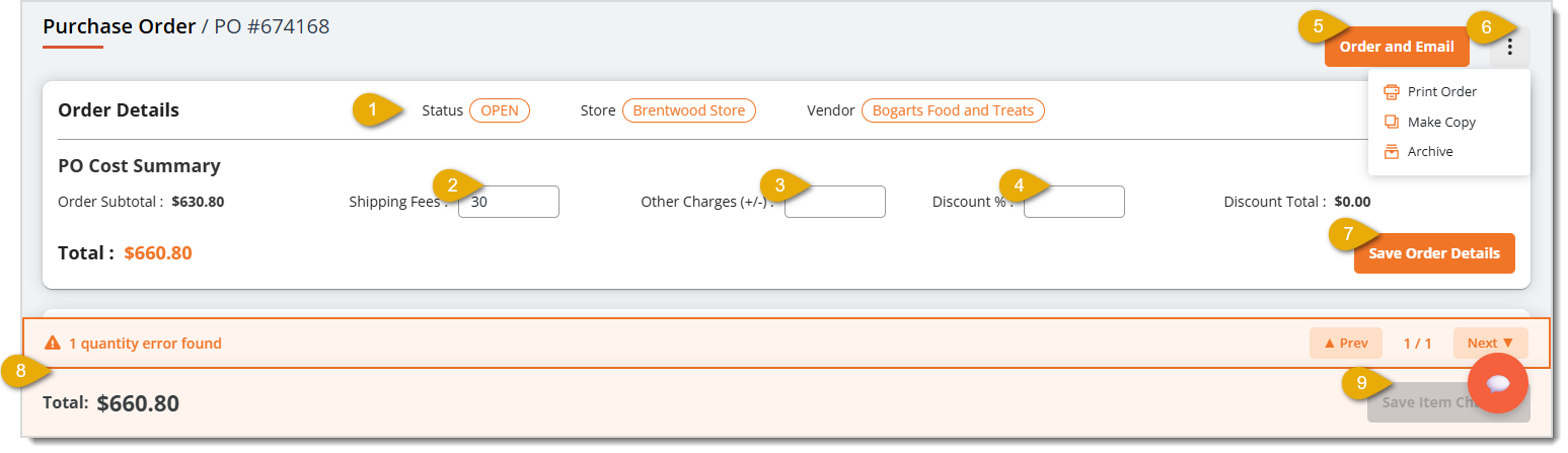 Image showing the order details at the top of a purchase order and the footer in the eTailPet system with major features highlighted.